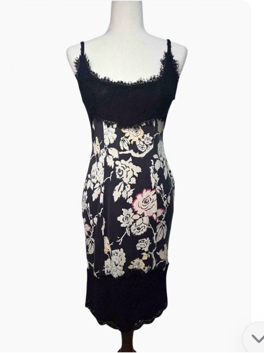 Diane Von Furstenberg Black Floral Midi Slip Dress with Ivory and Pink Roses